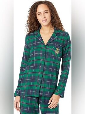 Lauren Ralph Lauren Green Plaid Brushed Twill Button Front Pajama Top Large